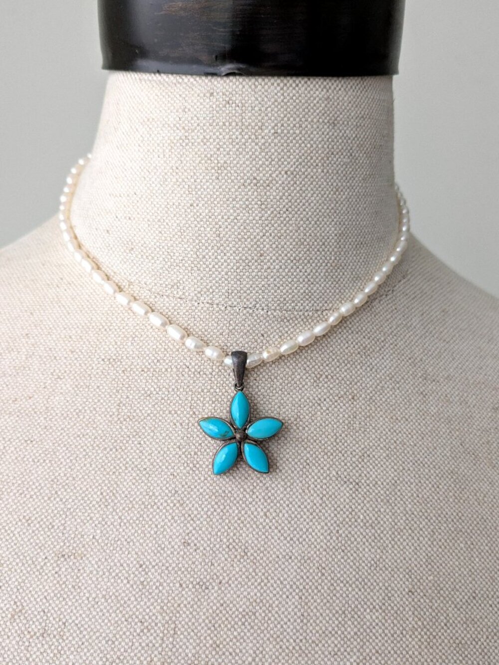 90s vtg freshwater pearl & turqiouse flower pendant necklace